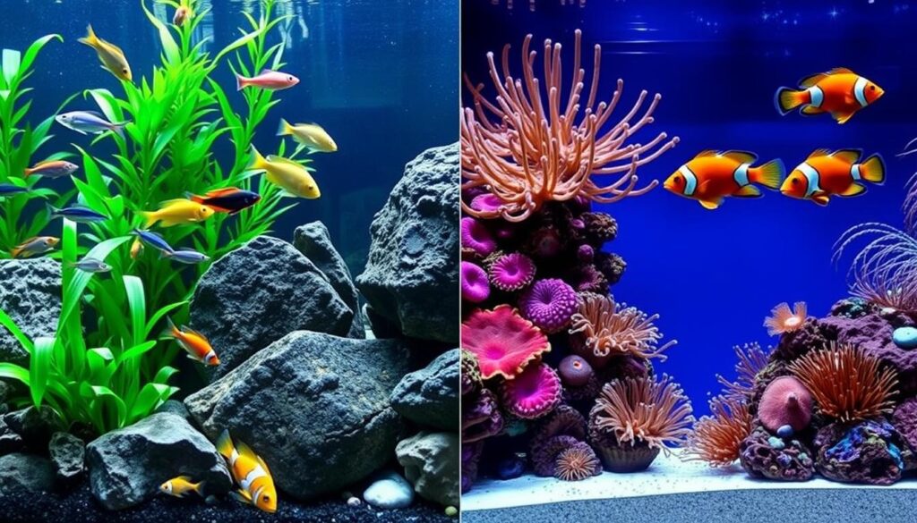 Süßwasserfische aquarium und Salzwasserfische aquarium im Vergleich